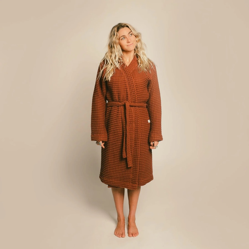 Waffle Knit Robe in Rust Brown - Women's Cozy Wrap Bathrobe